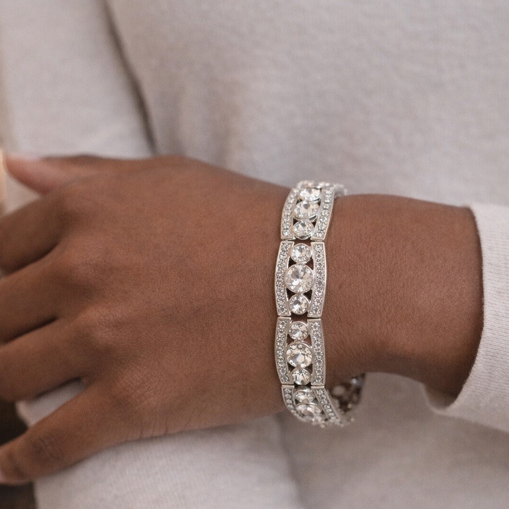 Art Deco Rhinestone Stretch Bracelet Silver Tone